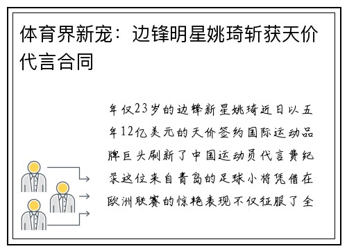 体育界新宠：边锋明星姚琦斩获天价代言合同